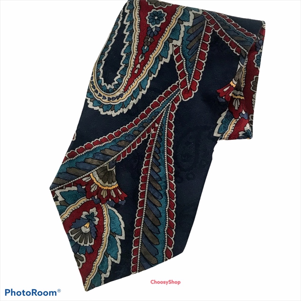Silk Tie Teal Navy Red Yellow Cream Print 7th Ave